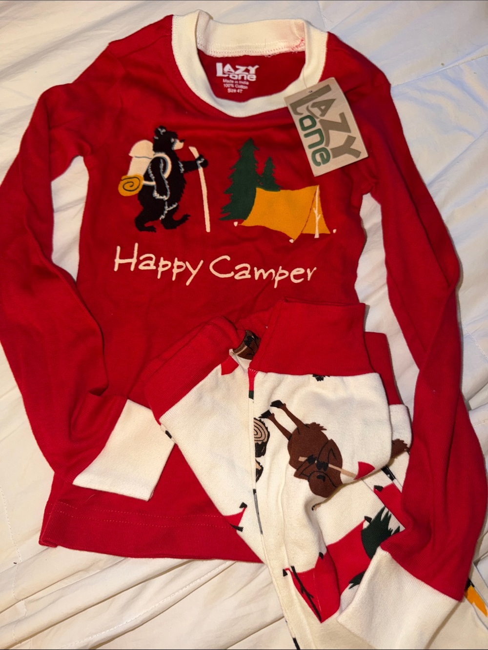 Lazy One Red & Brown 'Happy Camper' Kids Pajama Set long pants 4T